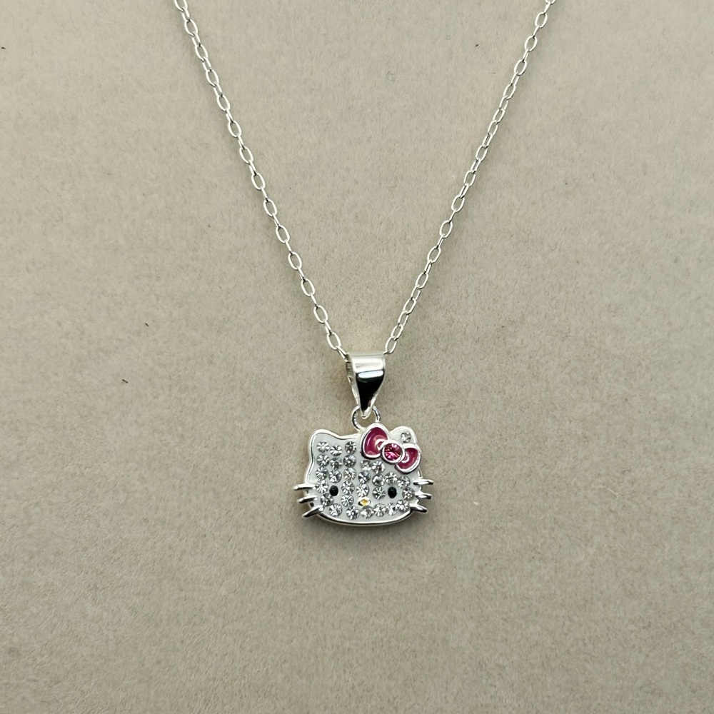Sanrio Hello Kitty Necklace 925 Silver Crystals 18" Dainty Oval Link Chain